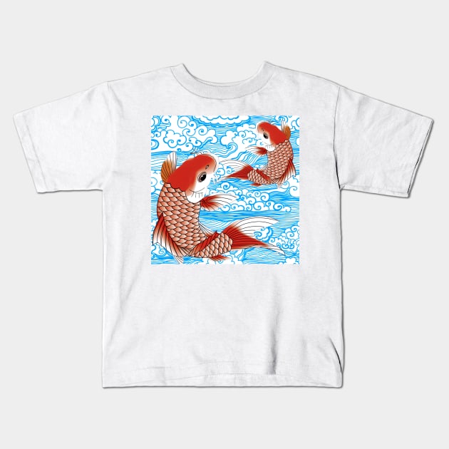 Red Koi fish and blue waves Japanese style pattern Kids T-Shirt by SophieClimaArt